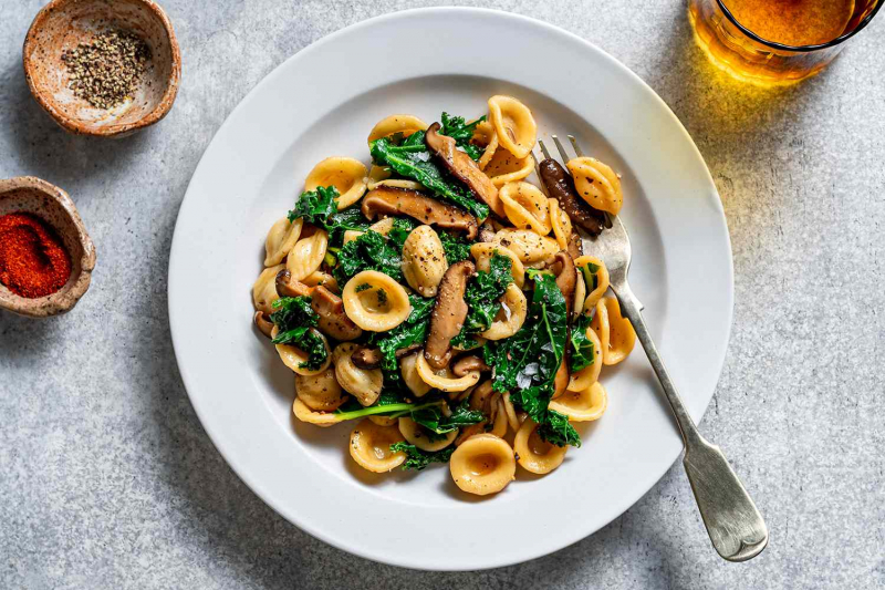 Pasta with Smoky Shiitakes and Winter Greens